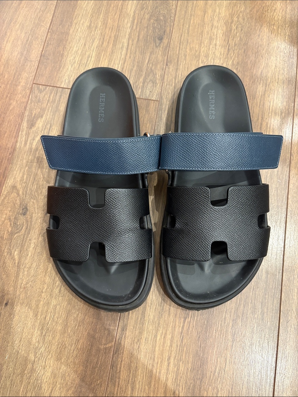 Authentic Hermès Black and Blue Chypre Sandals